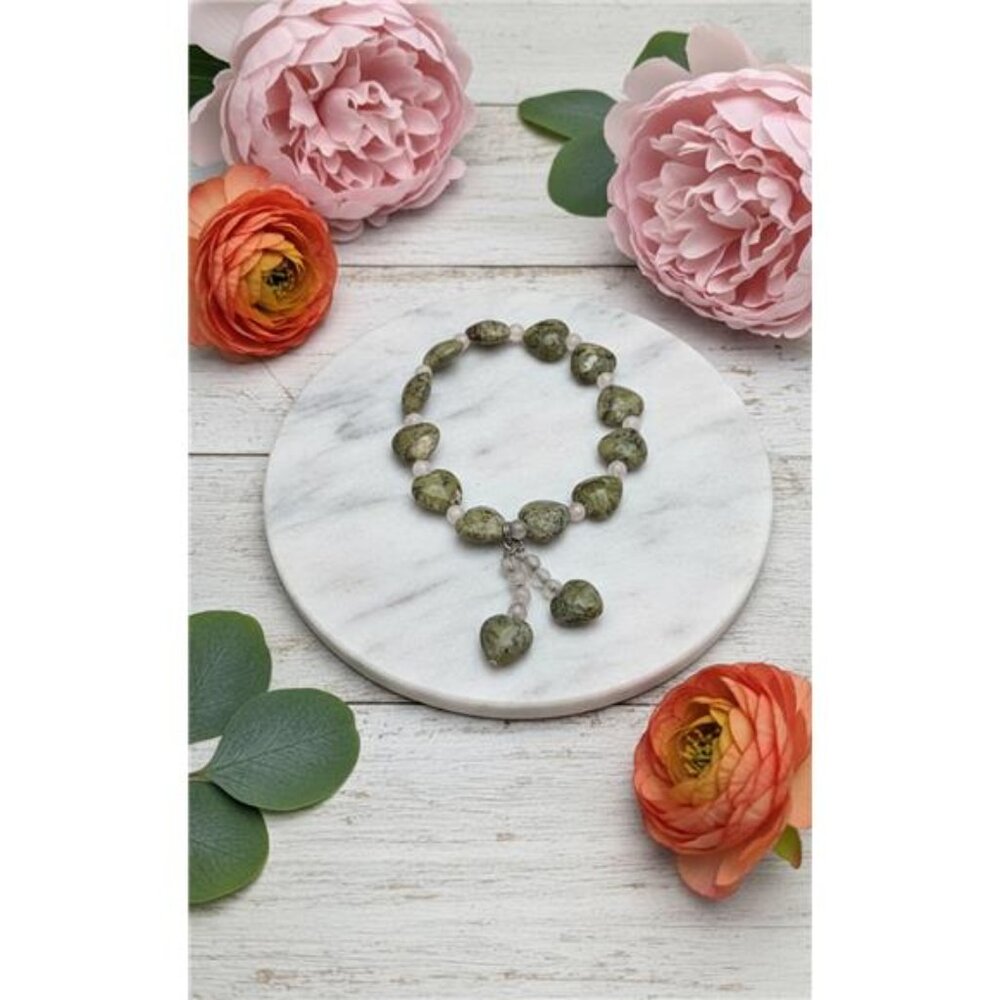 Green Serpentine Heart Bead Stretch Bracelet 6.5 in Rose Quartz Accent 11mm